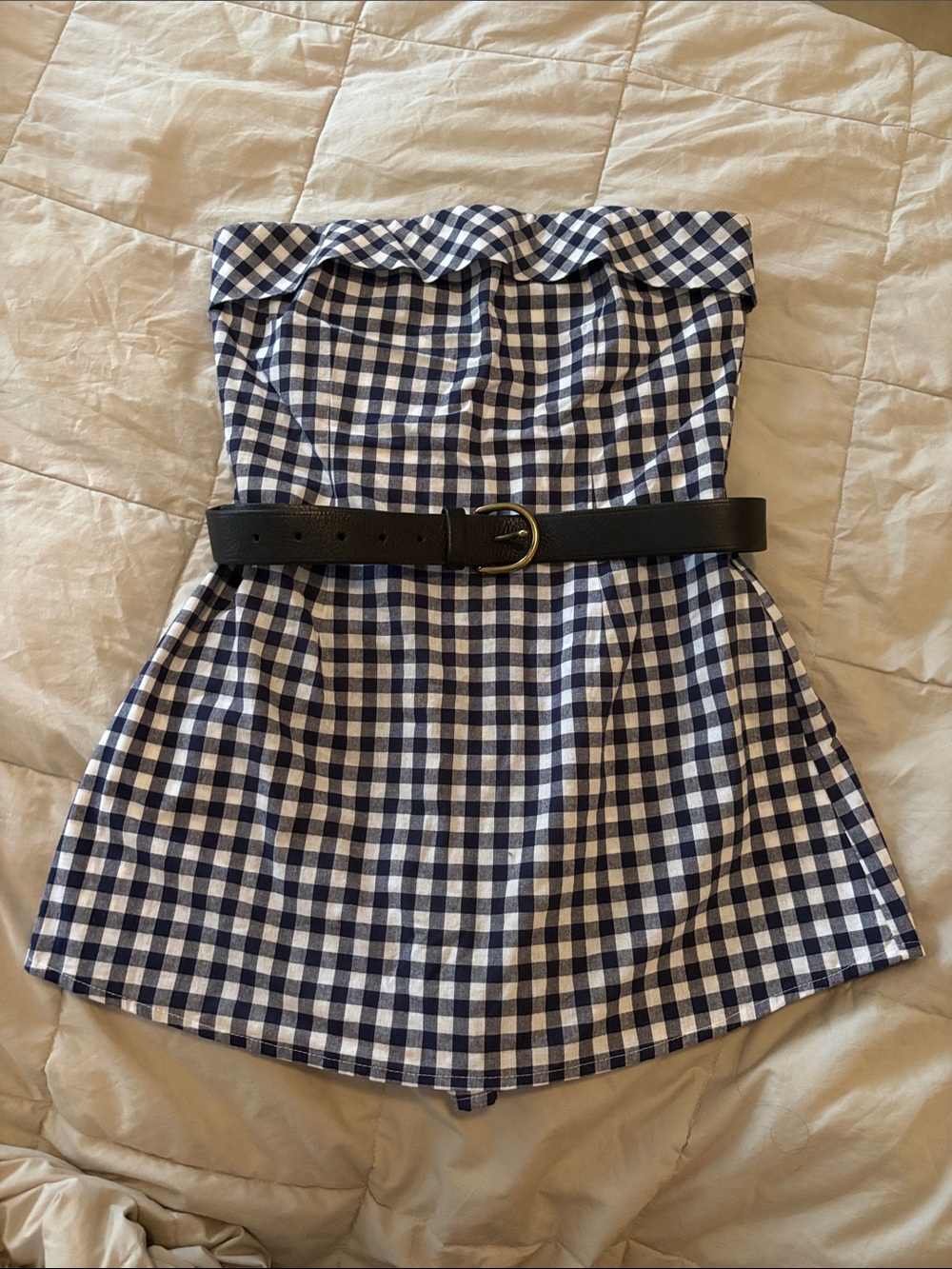Altar'd State Navy & White Gingham Strapless Romper (belt not included)